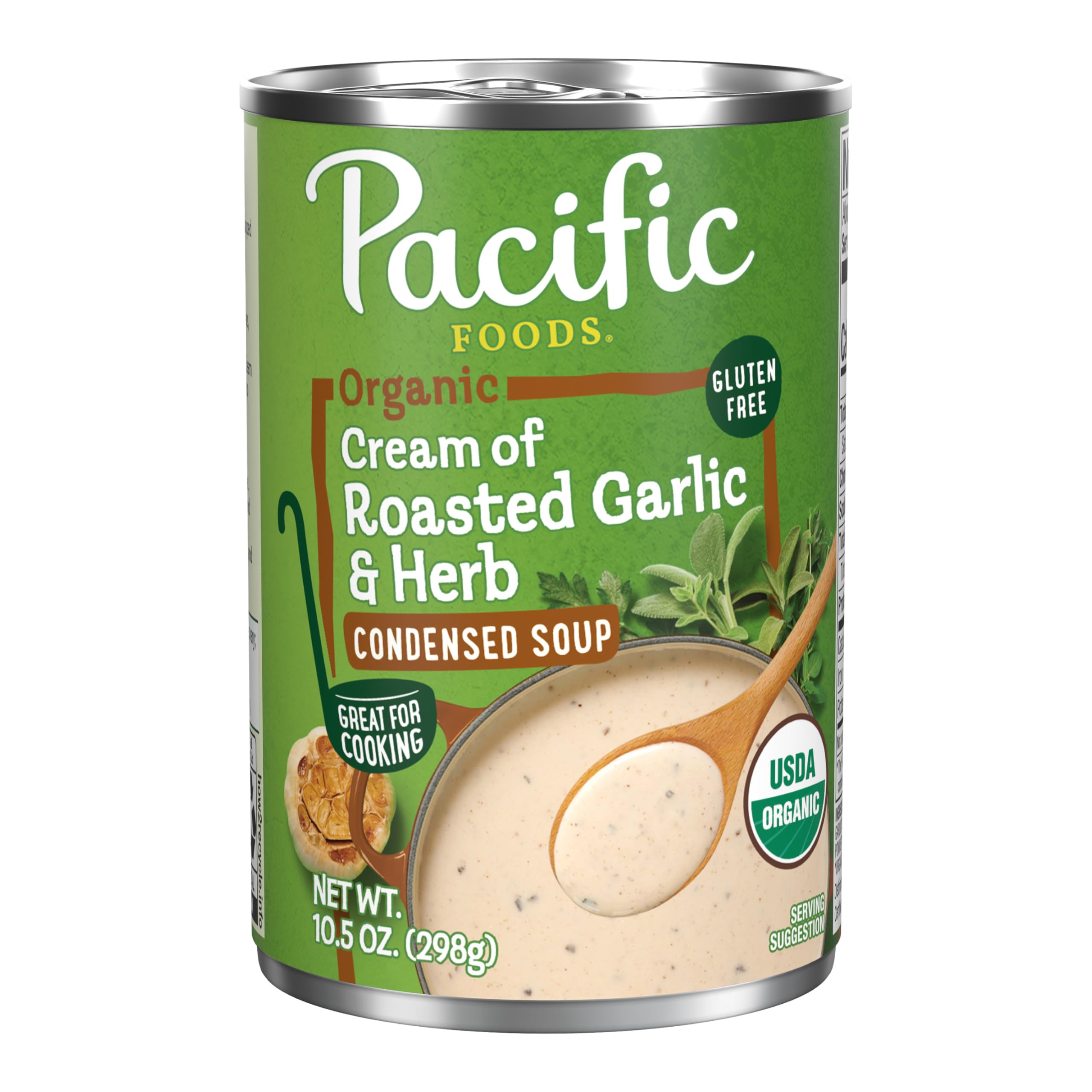 Pacific Foods condensed cream of roasted garlic and herb label highlighting organic ingredients