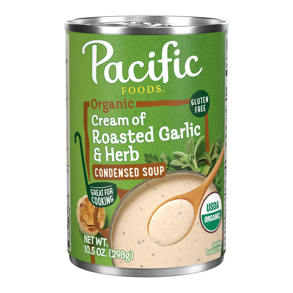 Pacific Foods condensed cream of roasted garlic and herb label highlighting organic ingredients