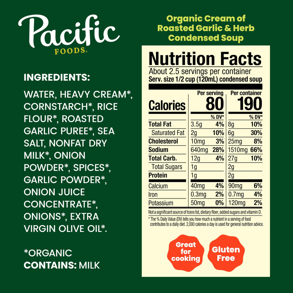 Pacific Foods condensed cream of roasted garlic and herb being poured to form a rich sauce base
