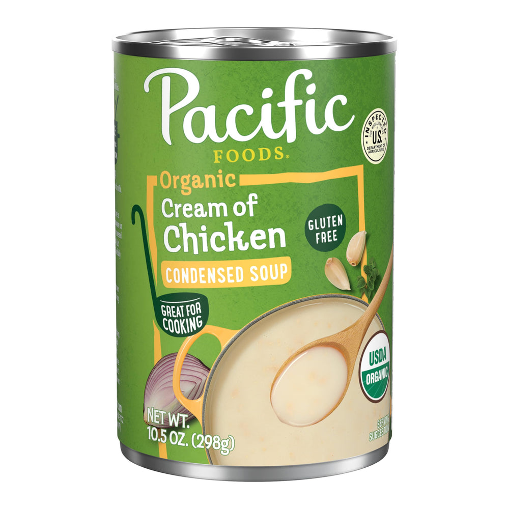Pacific Foods Cream of Chicken Soup can front with organic label for convenience
