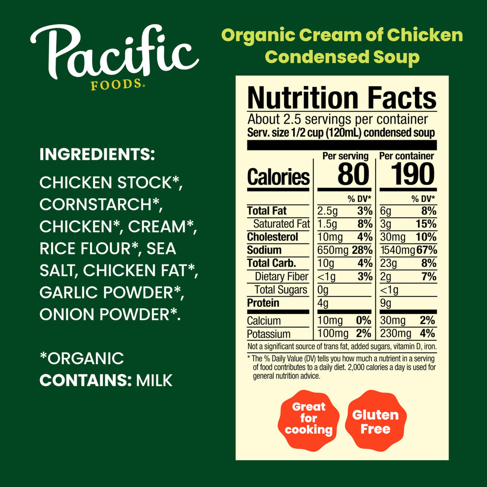 Pacific Foods Cream of Chicken Soup label highlights organic, non-GMO, gluten-free features