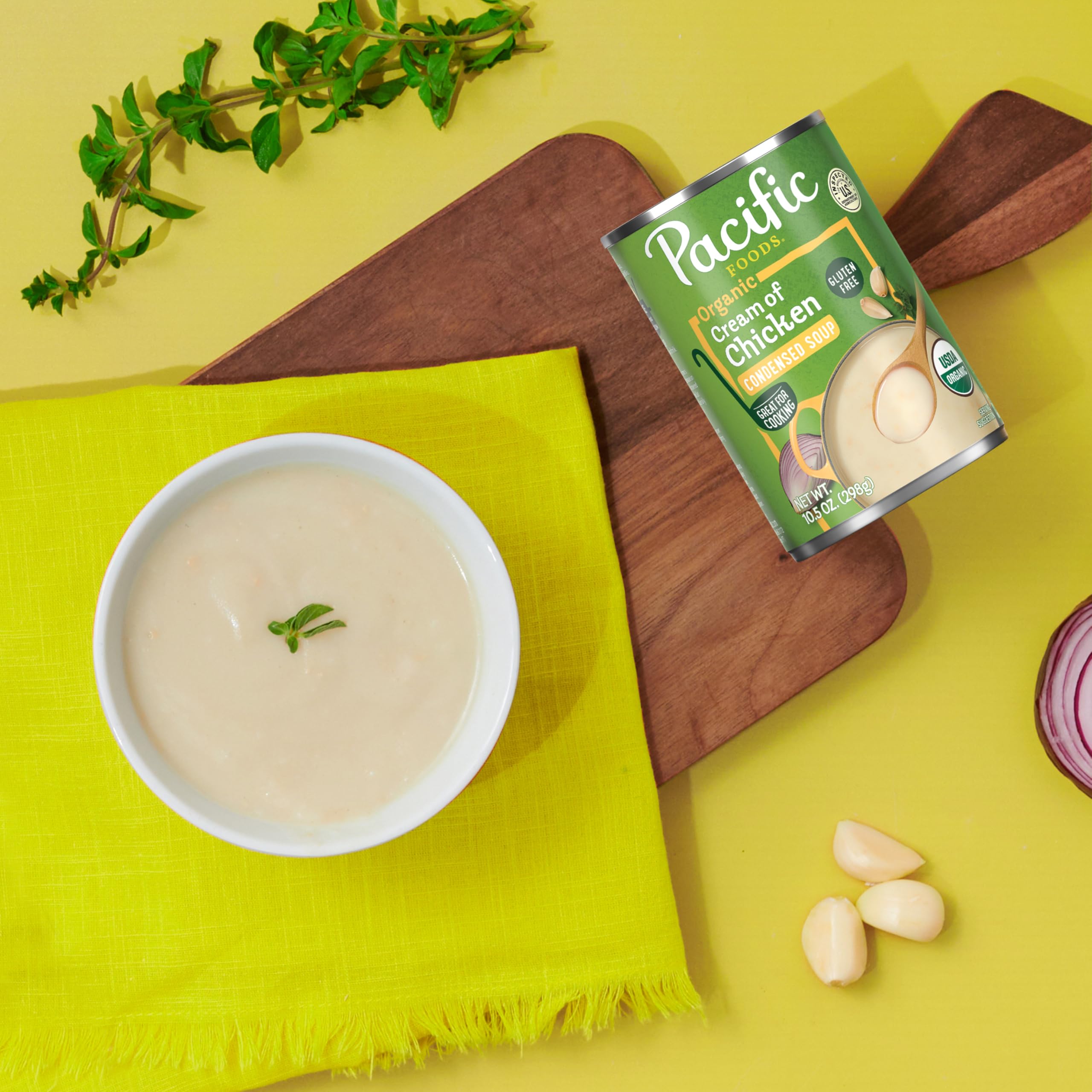 Pacific Foods Cream of Chicken Soup served in a bowl for quick meal