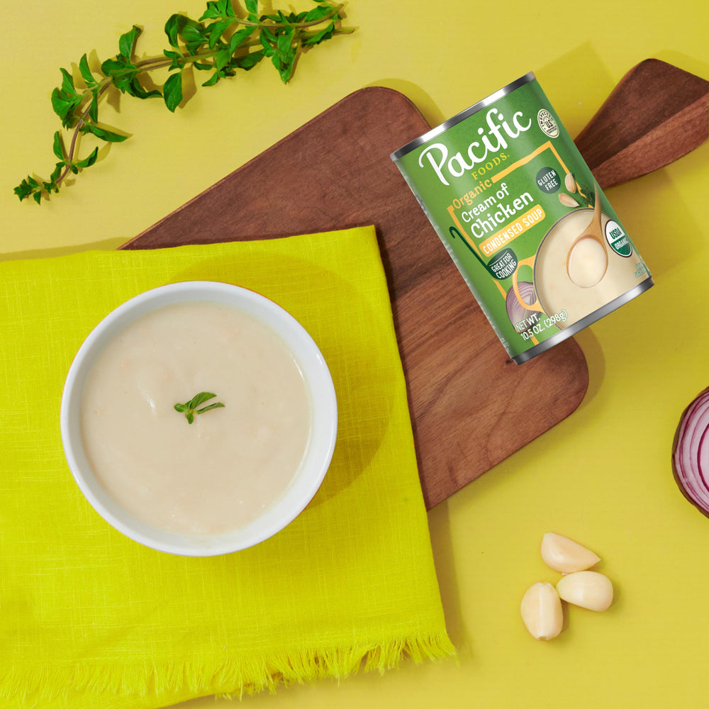 Pacific Foods Cream of Chicken Soup served in a bowl for quick meal