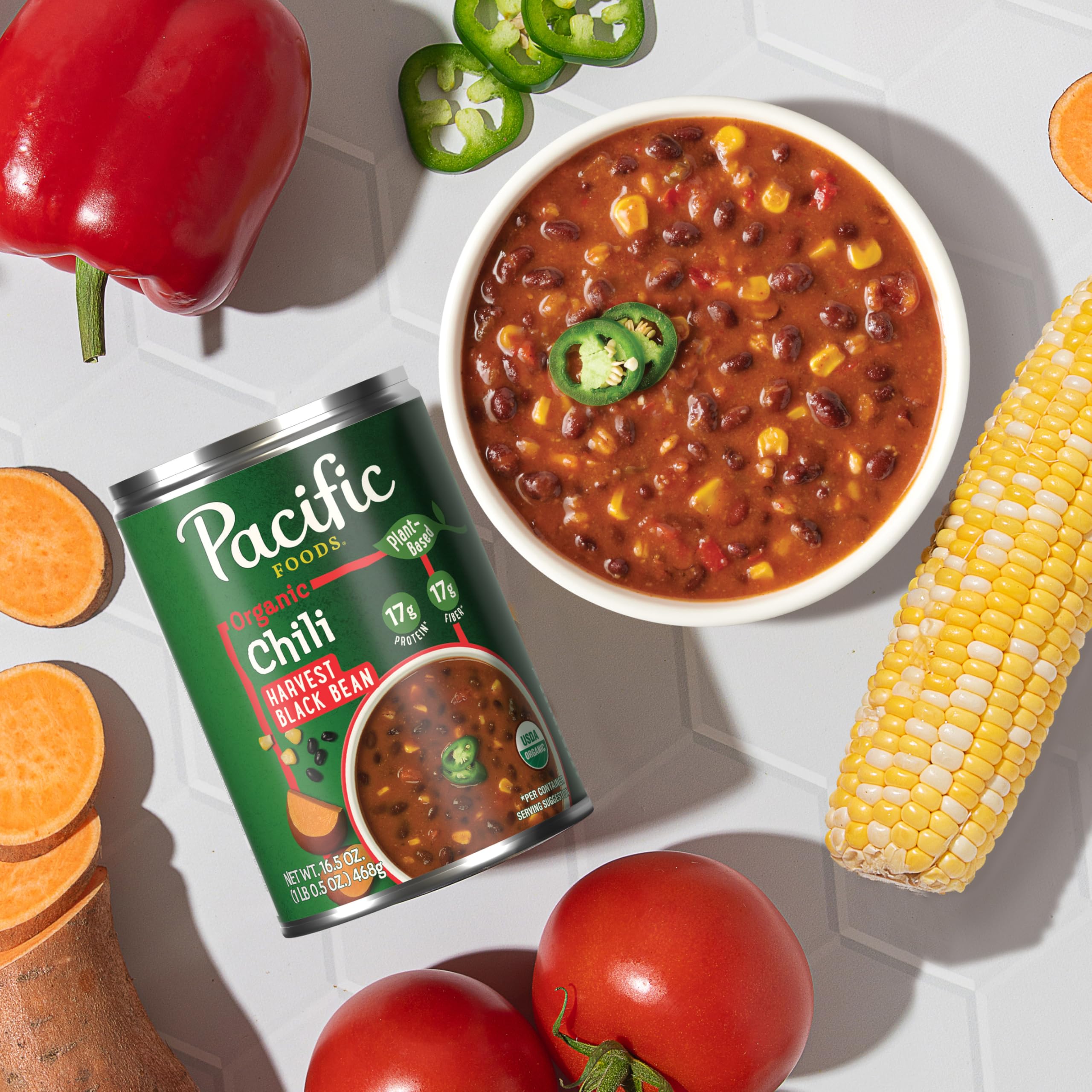 Plate of Pacific Foods Harvest Black Bean Chili with toppings for a versatile dish.