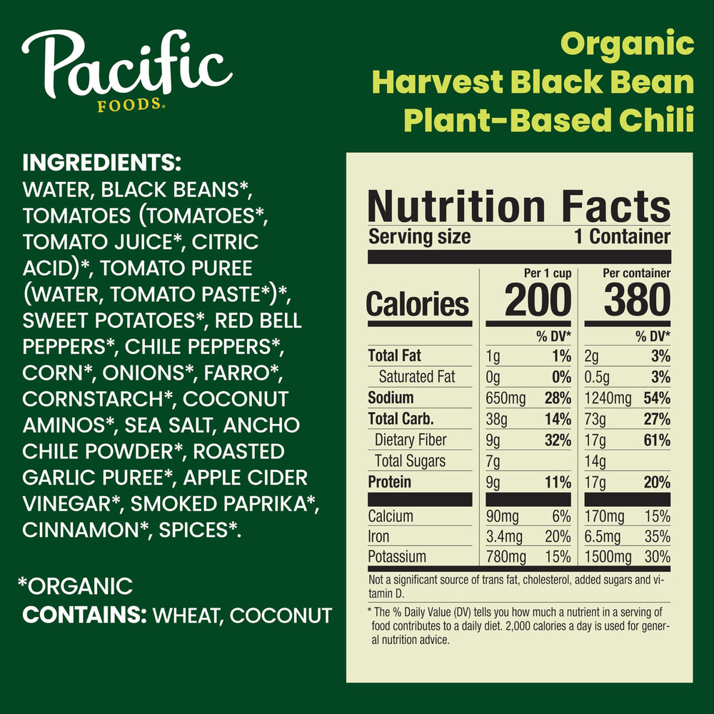 Ingredient closeup of Pacific Foods Harvest Black Bean Chili showing beans and sweet potato.
