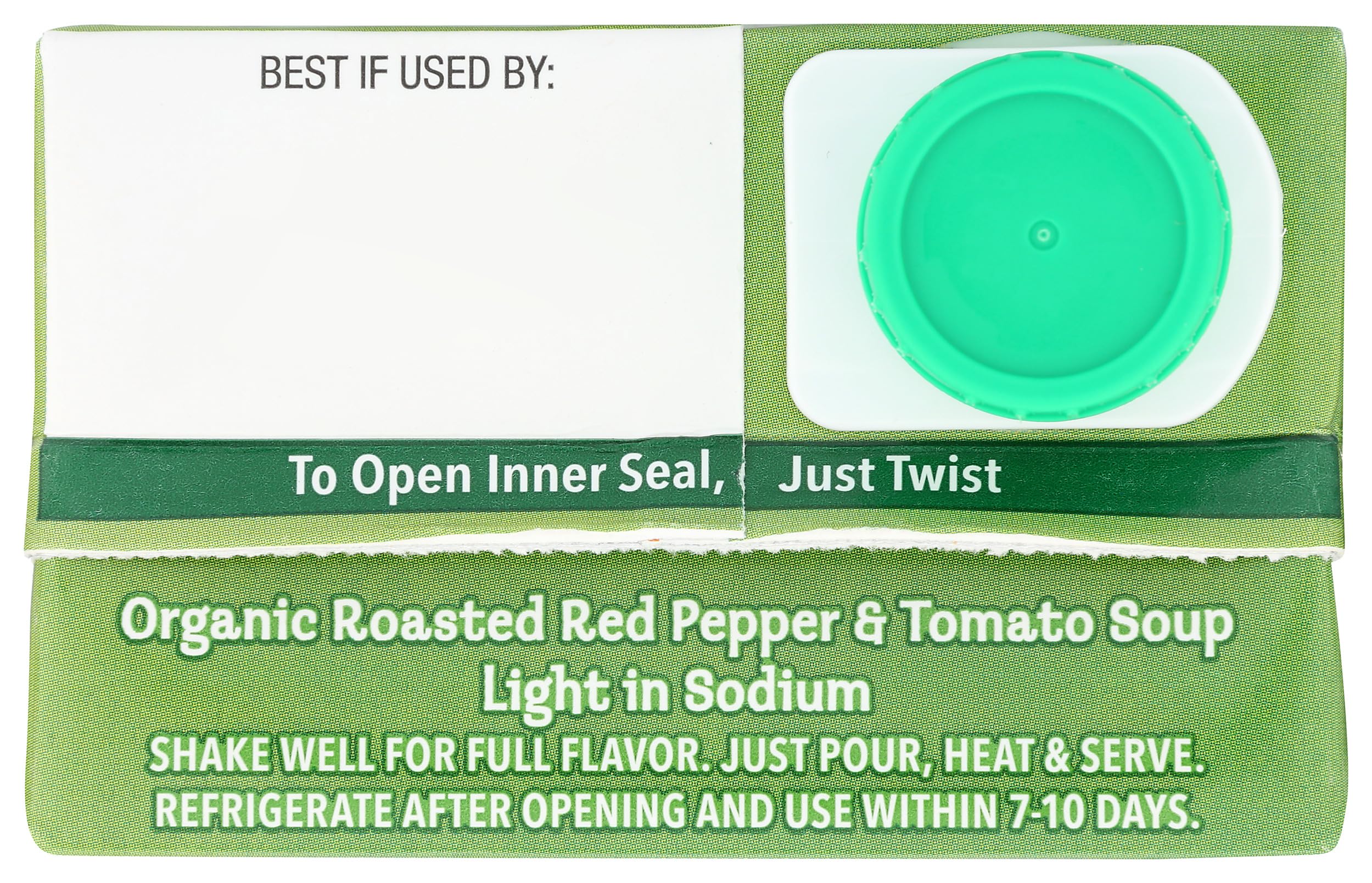 Pacific Foods organic tomatoes and peppers visible in soup close-up