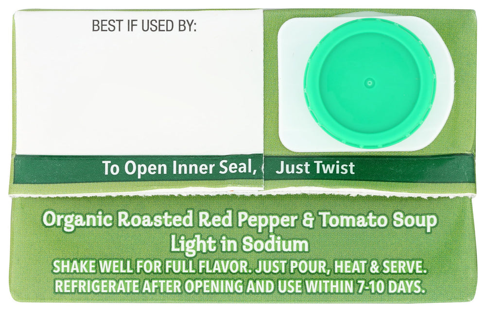 Pacific Foods organic tomatoes and peppers visible in soup close-up