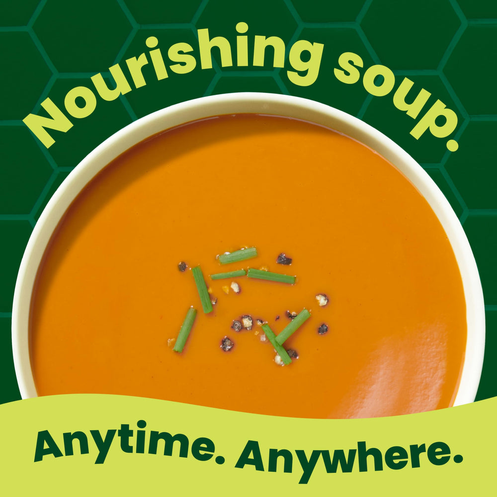 A bowl of soup reveals smoky sweetness from roasted peppers in Pacific Foods