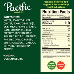 Pouring Pacific Foods Roasted Red Pepper and Tomato Soup provides a quick vegetarian meal option