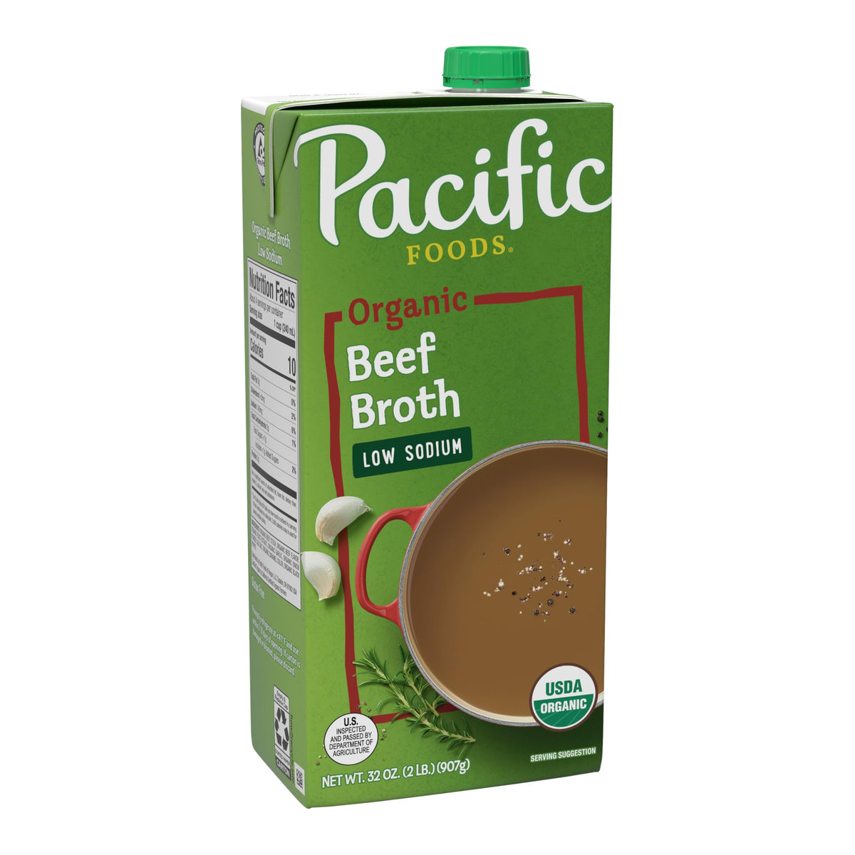 Pacific Foods Low Sodium Organic Beef Broth carton front, ideal base for soups and simmered dishes.