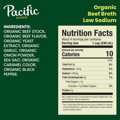 Pacific Foods Low Sodium Organic Beef Broth nutrition panel, helps plan gluten-free, organic meals.