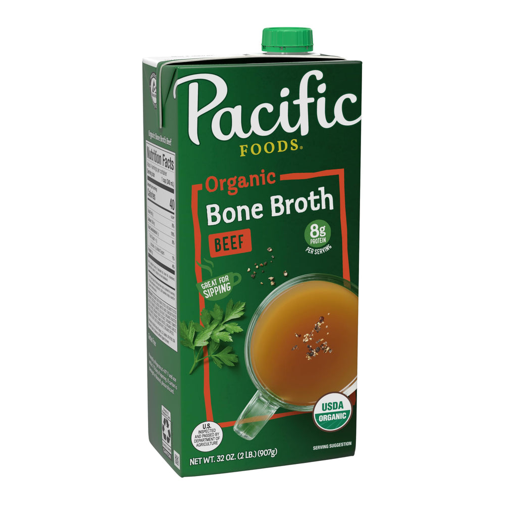 Pacific Foods Organic Beef Bone Broth carton front view for easy heat-and-serve.