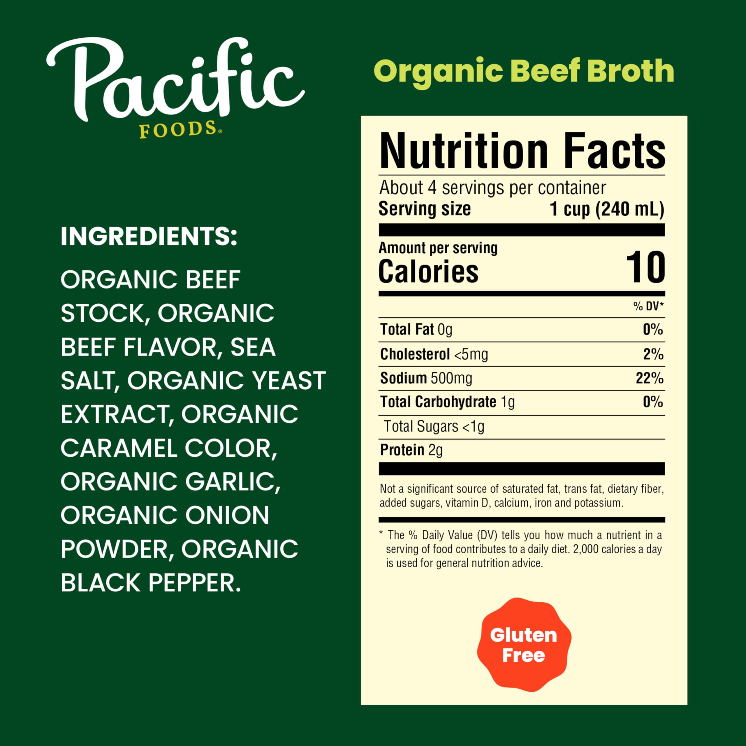 Close-up of Pacific Foods Organic Beef Broth label showing organic ingredients.