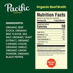Close-up of Pacific Foods Organic Beef Broth label showing organic ingredients.