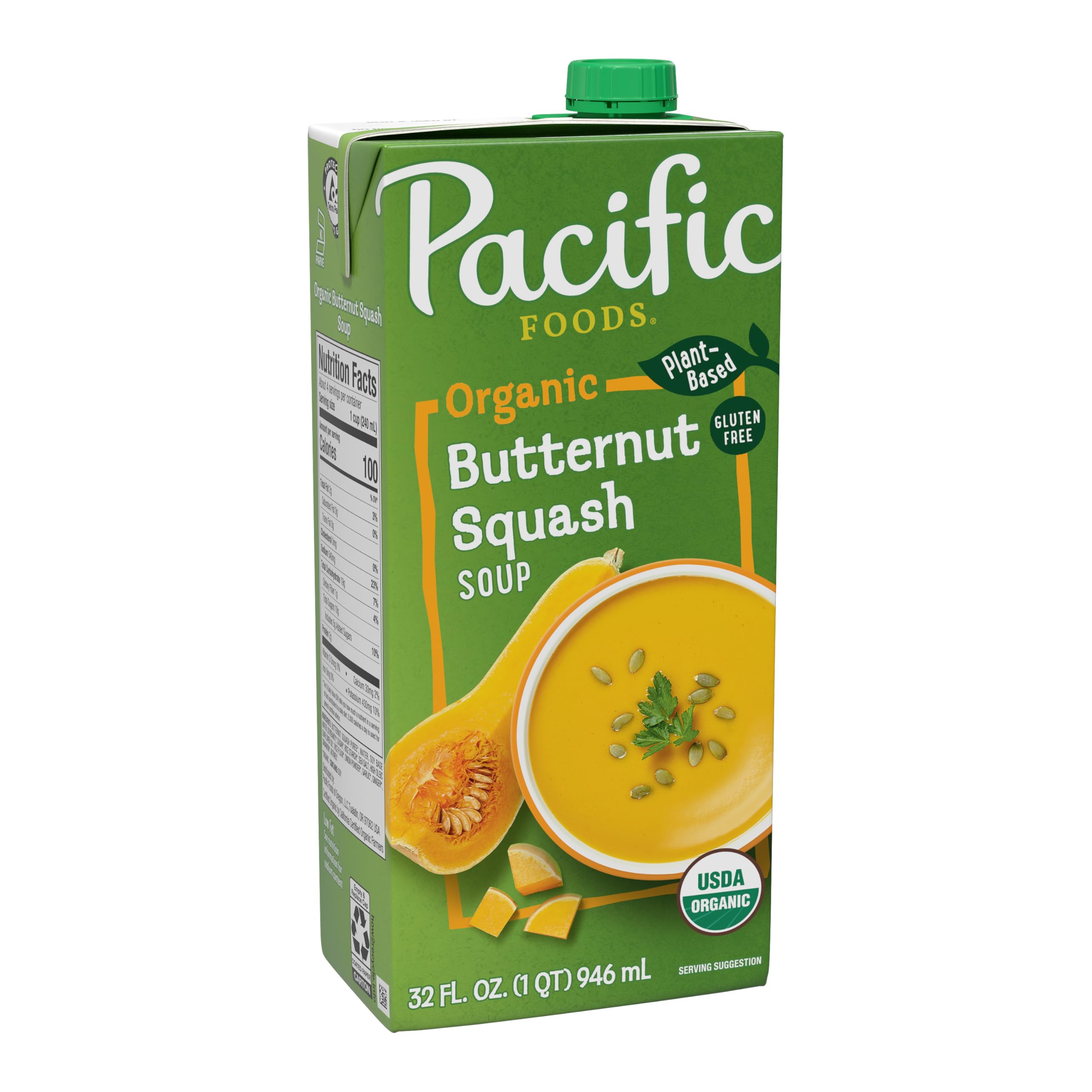 Pacific Foods Organic Butternut Squash Soup carton front view, quick heat and serve pantry essential.
