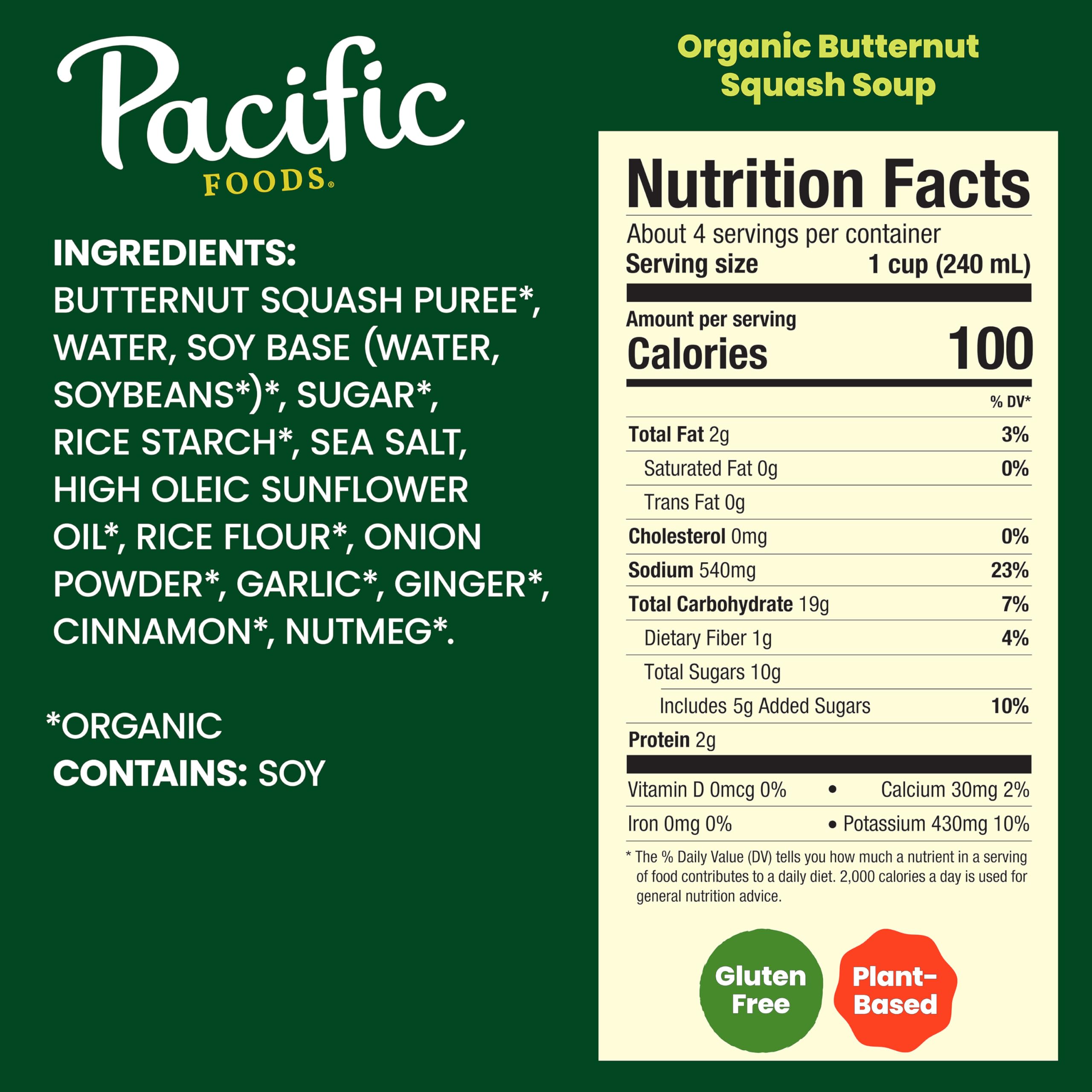 Pacific Foods Organic Butternut Squash Soup carton side view, gluten-free vegan dinner option.