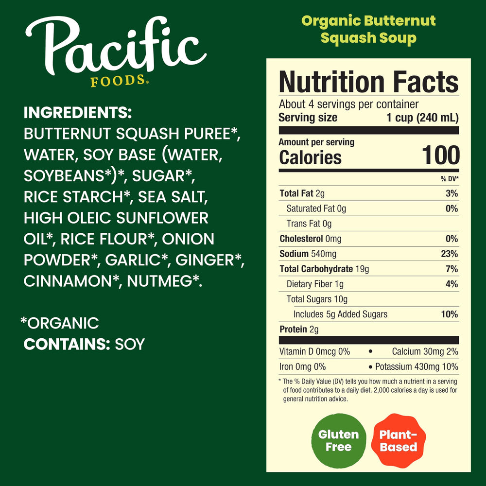 Pacific Foods Organic Butternut Squash Soup carton side view, gluten-free vegan dinner option.