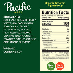 Pacific Foods Organic Butternut Squash Soup carton side view, gluten-free vegan dinner option.