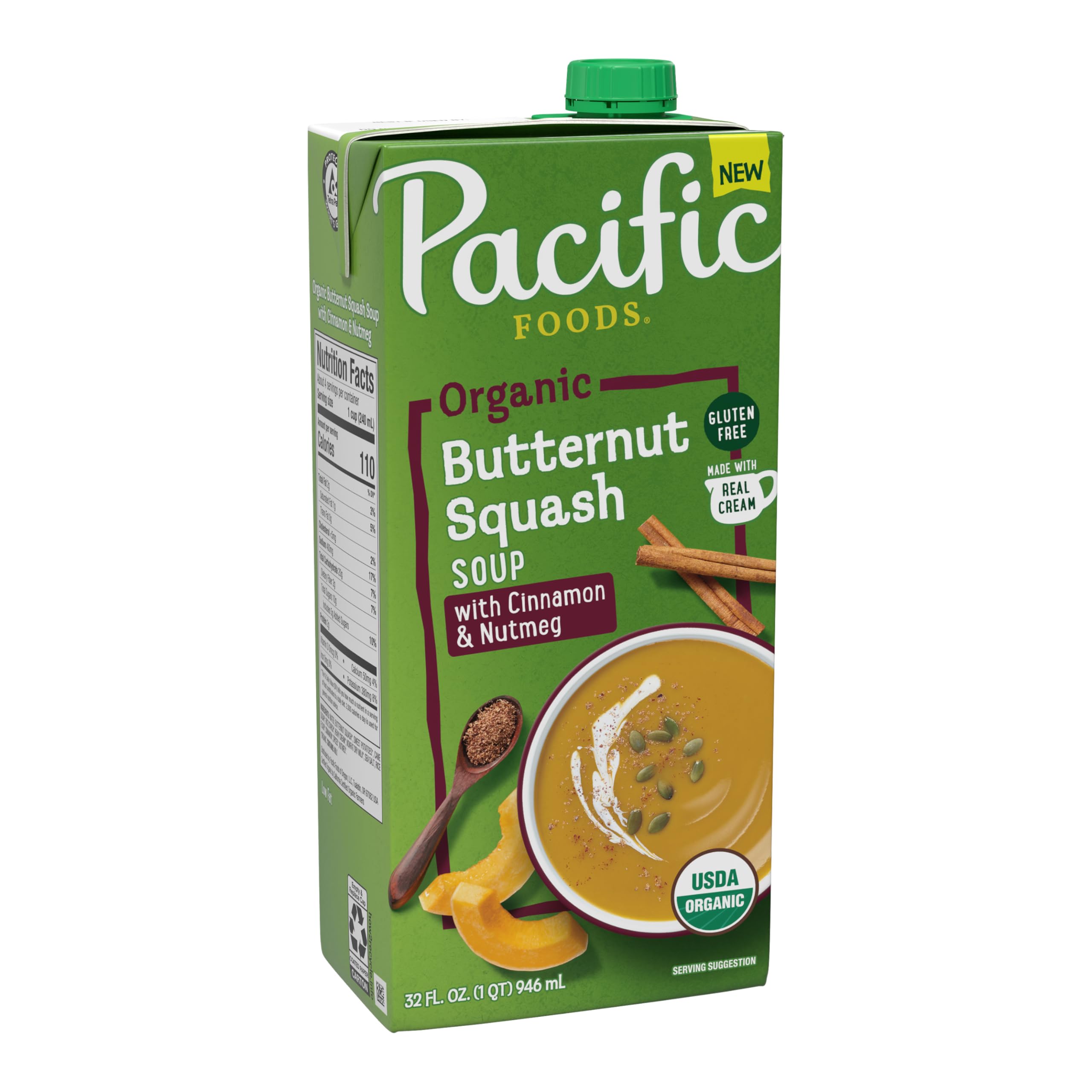 Pacific Foods Organic Butternut Squash Soup carton on kitchen counter, convenient 32 oz pour-and-heat option.