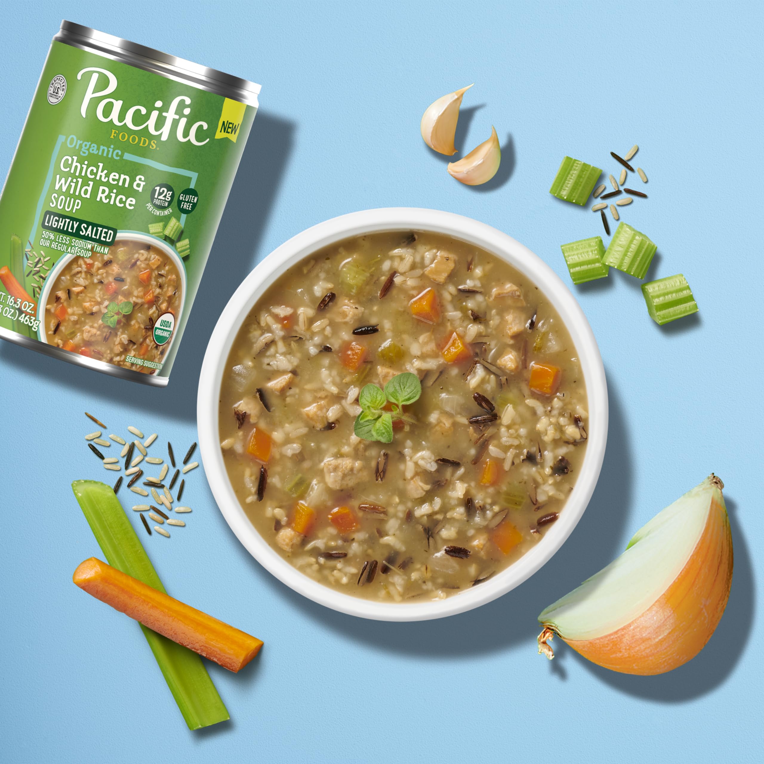 Pacific Foods Organic Chicken and Wild Rice Soup label highlights gluten-free and non GMO ingredients