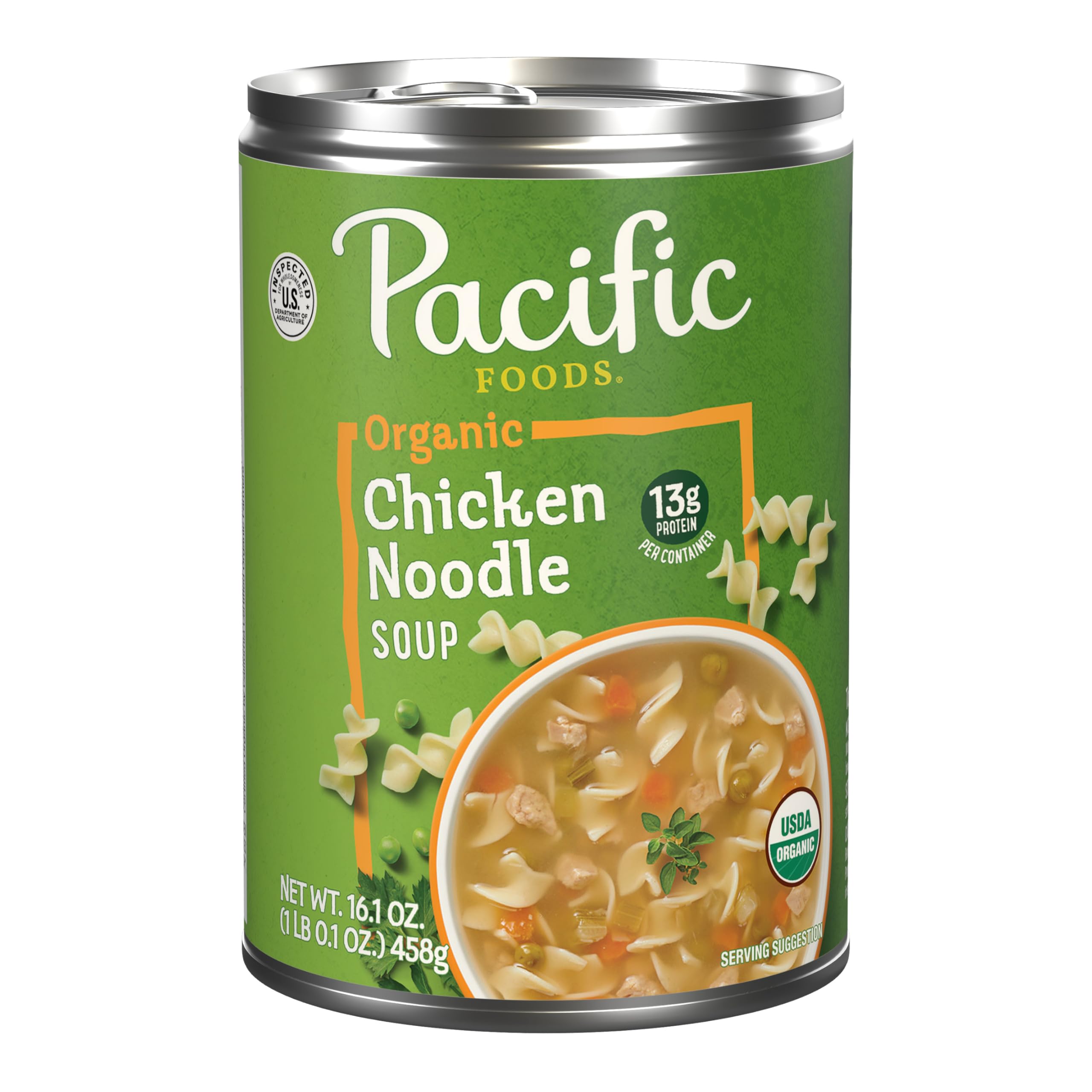 Pacific Foods Organic Chicken Noodle Soup can ready to heat for a comforting meal.