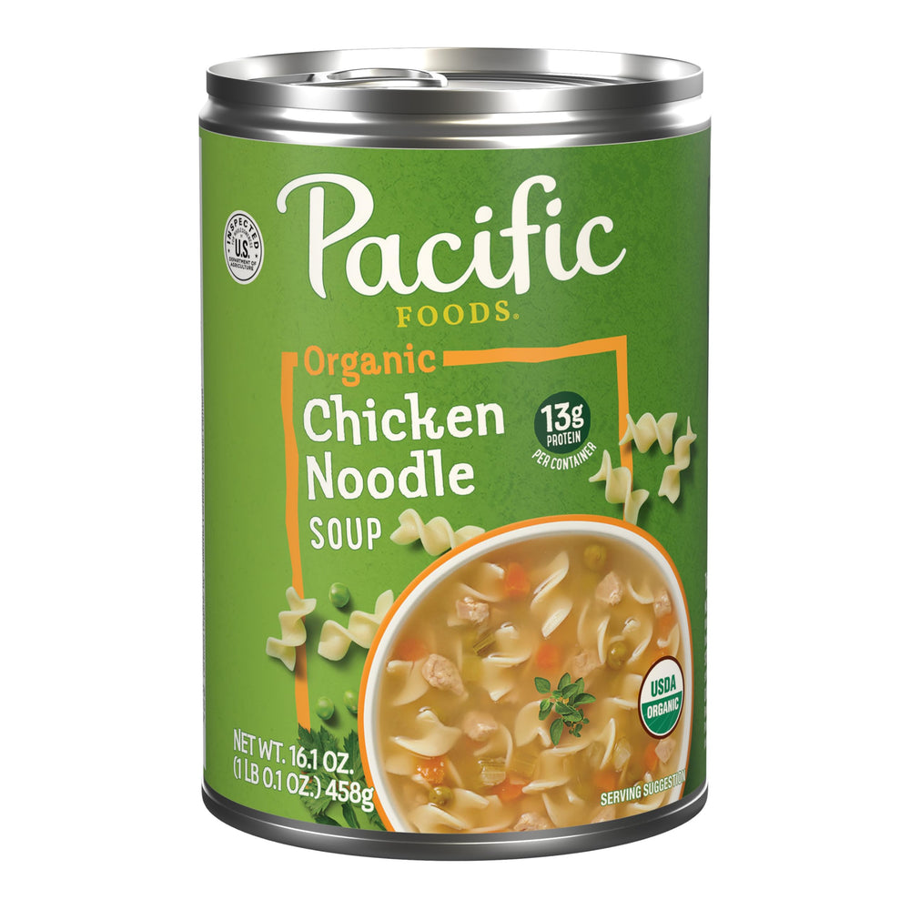 Pacific Foods Organic Chicken Noodle Soup can ready to heat for a comforting meal.
