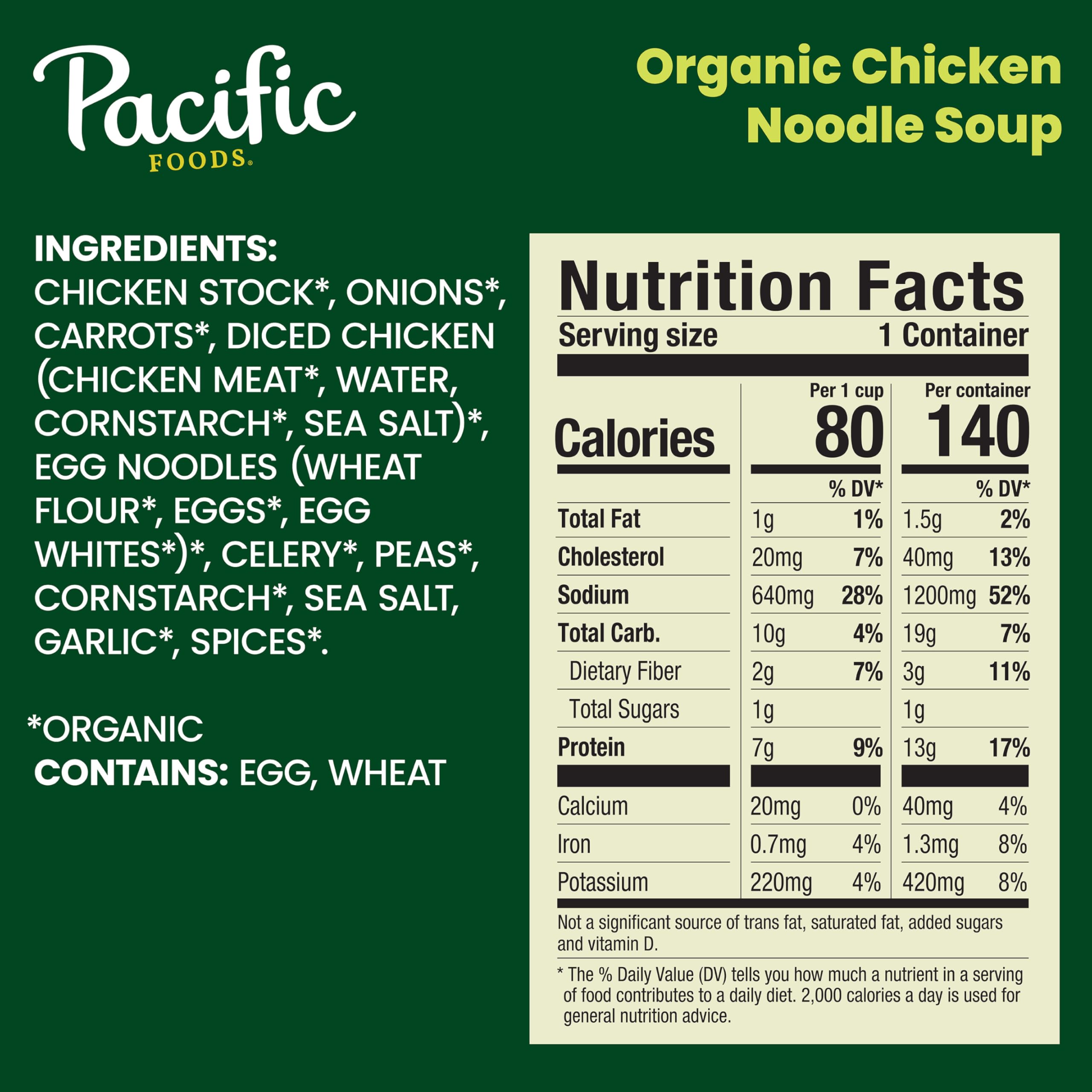 Pacific Foods Organic Chicken Noodle Soup ingredients panel shows organic chicken and vegetables