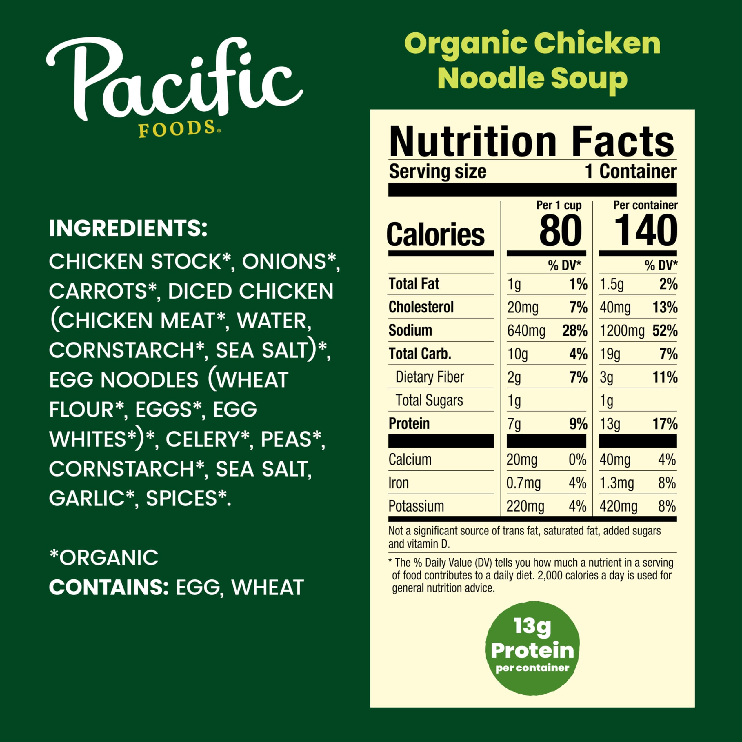 Pacific Foods Organic Chicken Noodle Soup ingredients show chicken and garden vegetables.