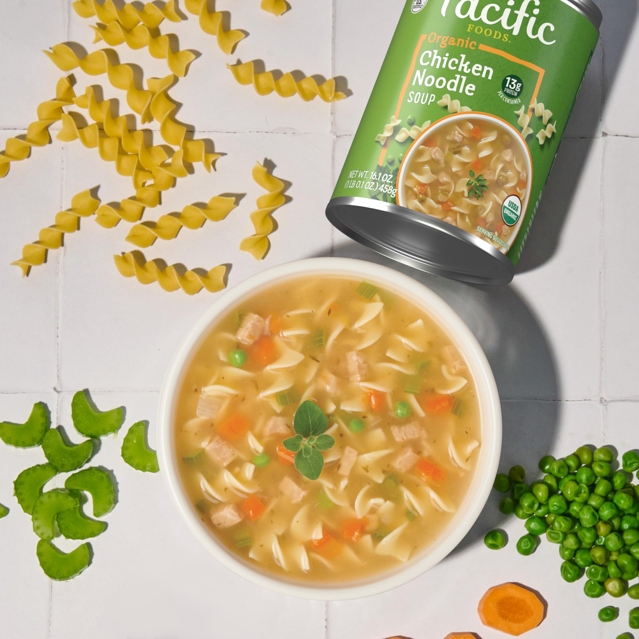 Pacific Foods Organic Chicken Noodle Soup kitchen-table pairing with a salad
