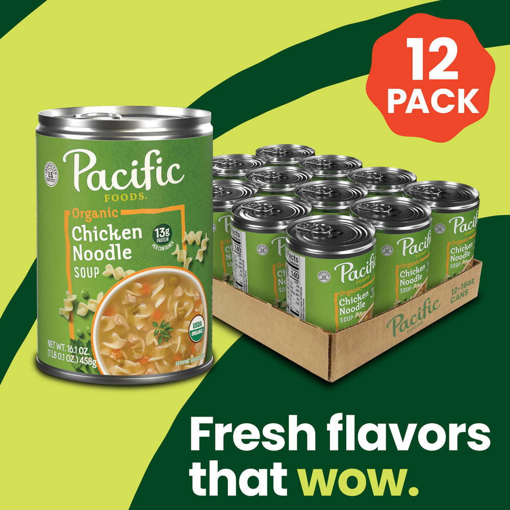 Pacific Foods Organic Chicken Noodle Soup serving bowl steaming, a comforting quick meal
