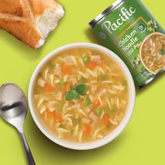 Pacific Foods Organic Chicken Noodle Soup serving bowl invites a quick lunch.