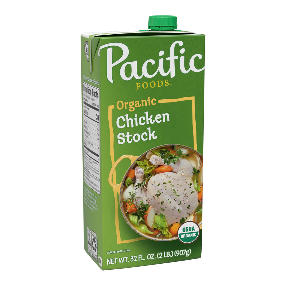 Pacific Foods Organic Chicken Stock carton front view shows rich flavor