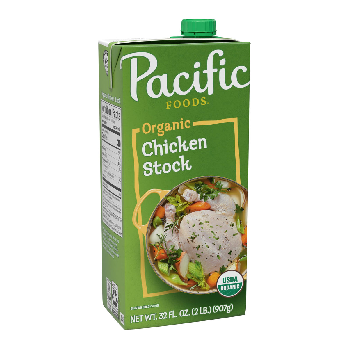 Pacific Foods Organic Chicken Stock carton front view shows rich flavor