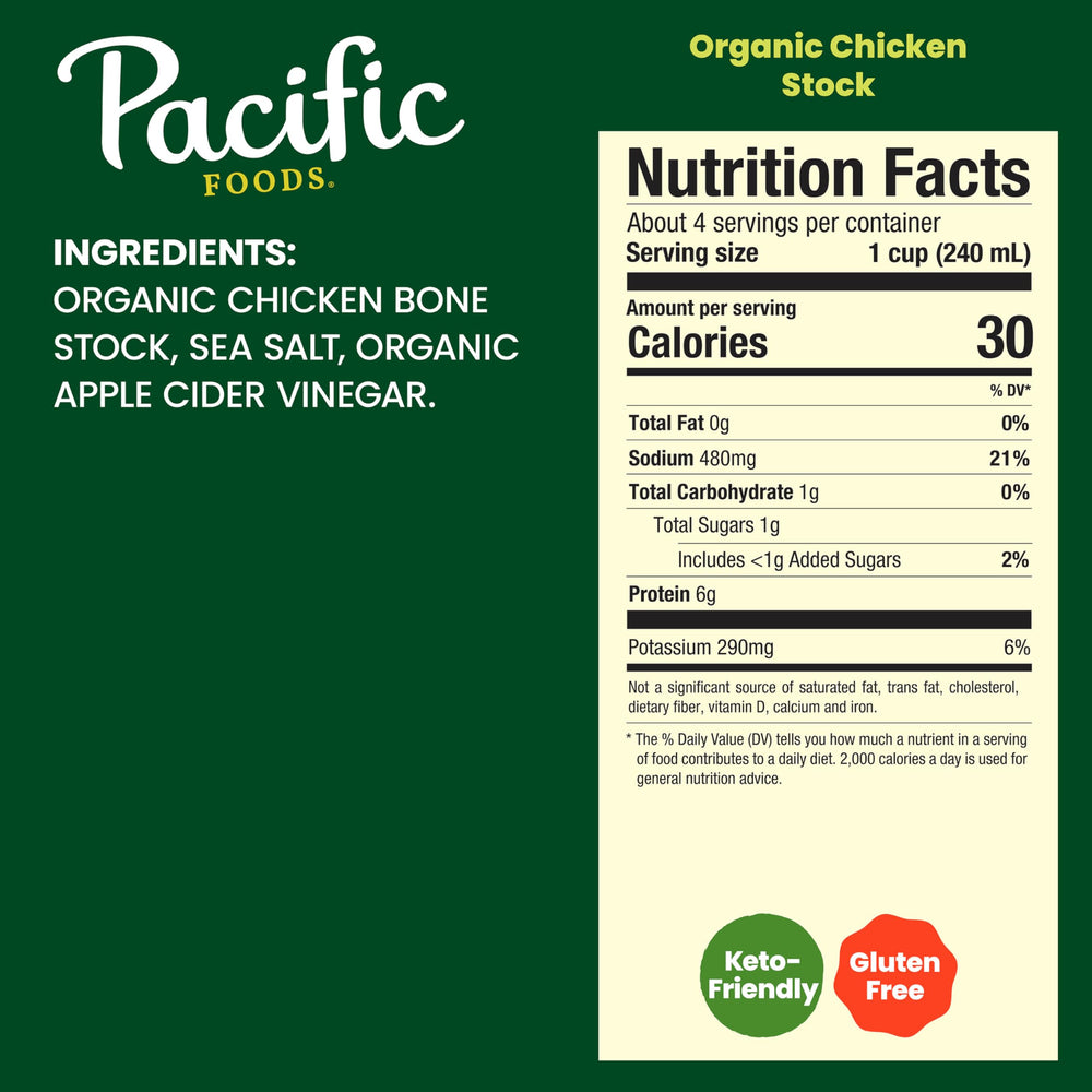 Pacific Foods Organic Chicken Stock carton back shows organic and non-GMO ingredients