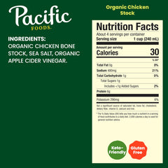 Pacific Foods Organic Chicken Stock carton back shows organic and non-GMO ingredients