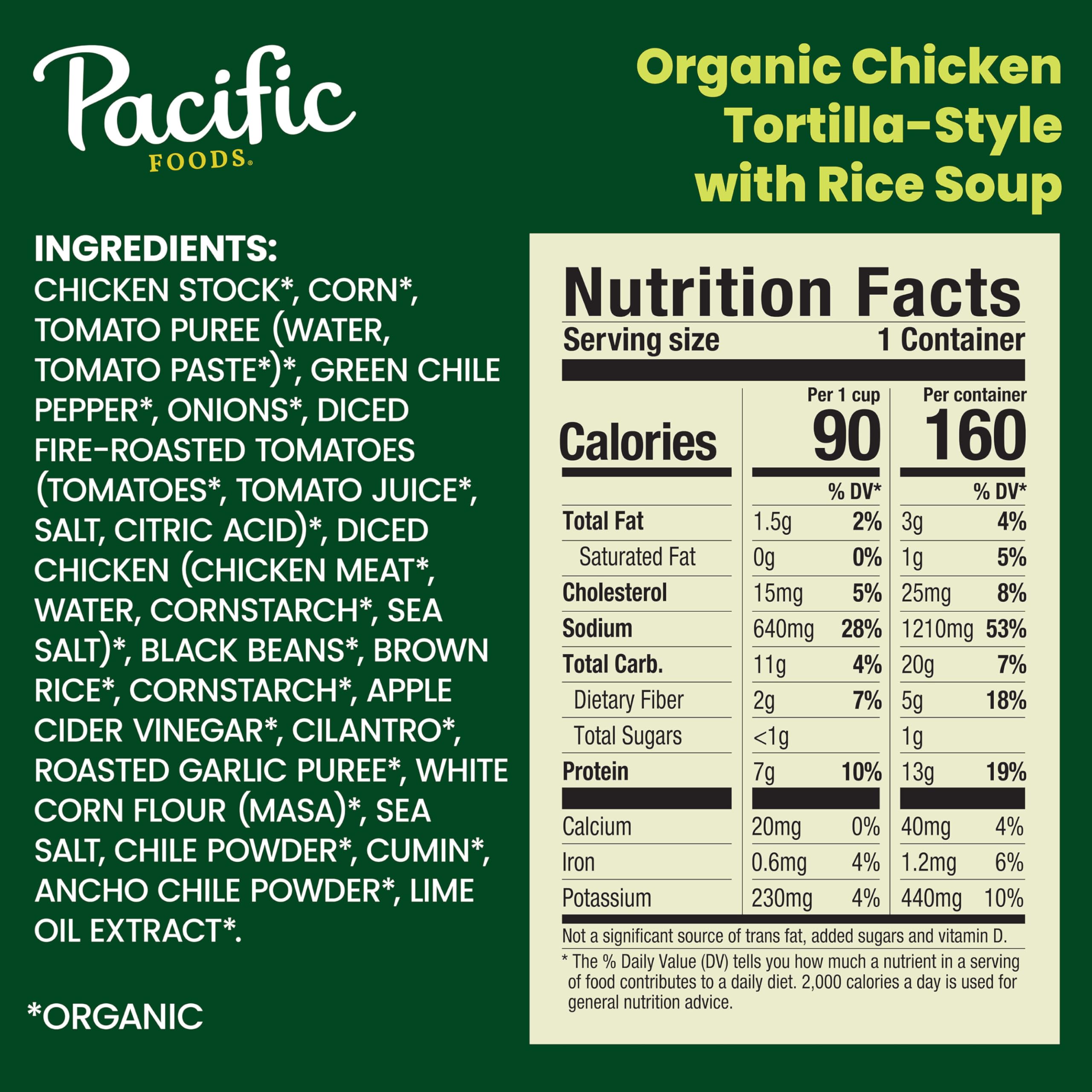 Pacific Foods Organic Chicken Tortilla Soup label close-up highlighting organic ingredients.