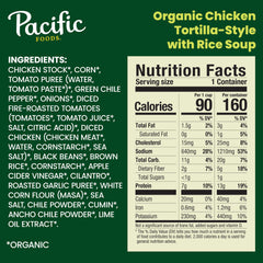 Pacific Foods Organic Chicken Tortilla Soup label close-up highlighting organic ingredients.