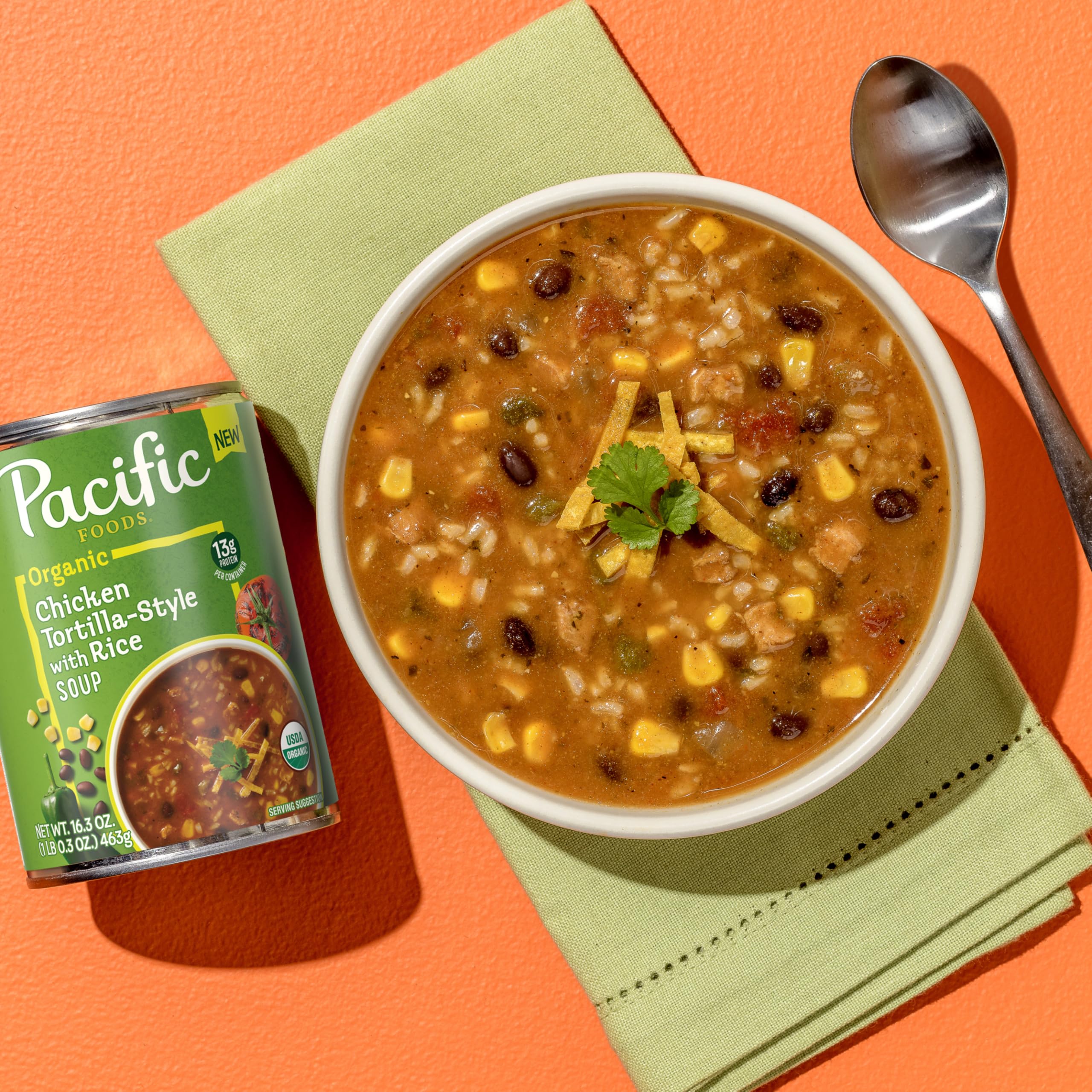 Pacific Foods Organic Chicken Tortilla Soup nutrition label snippet for protein and ingredients.