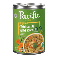 Pacific Foods Organic Chicken and Wild Rice Soup can front, ready for a warm, comforting meal