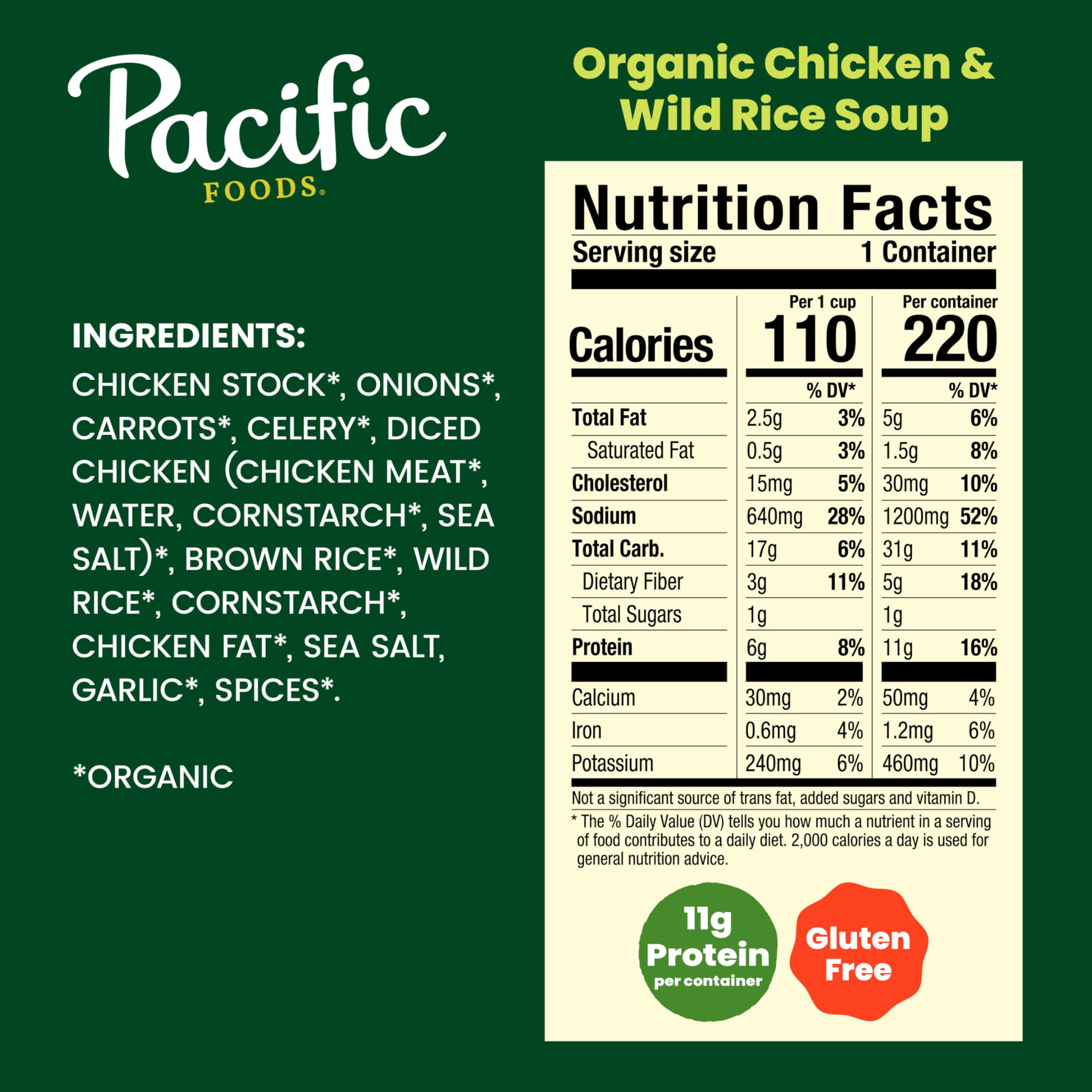 Pacific Foods Organic Chicken and Wild Rice Soup ingredients display chicken, rice, and vegetables