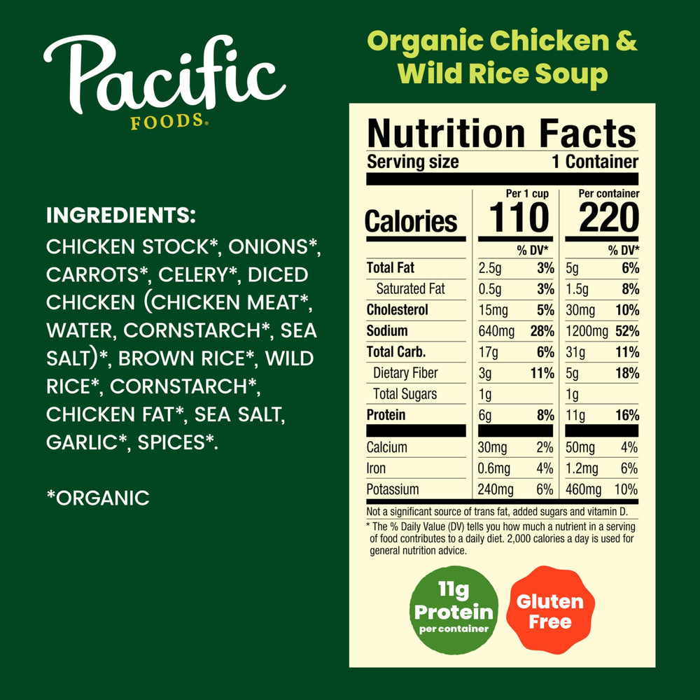 Pacific Foods Organic Chicken and Wild Rice Soup ingredients display chicken, rice, and vegetables