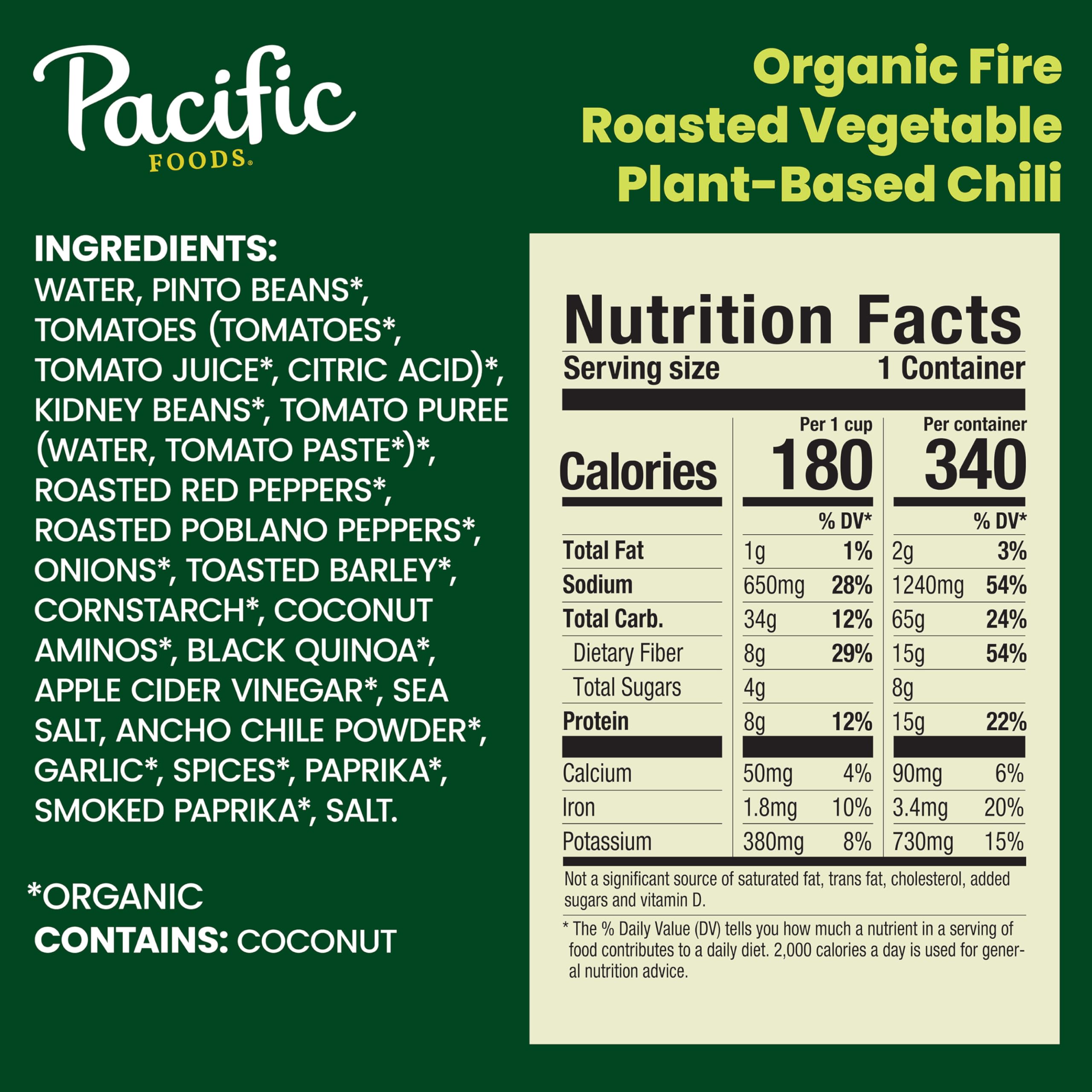 Pacific Foods organic chili ingredients with beans and quinoa highlight fiber and protein