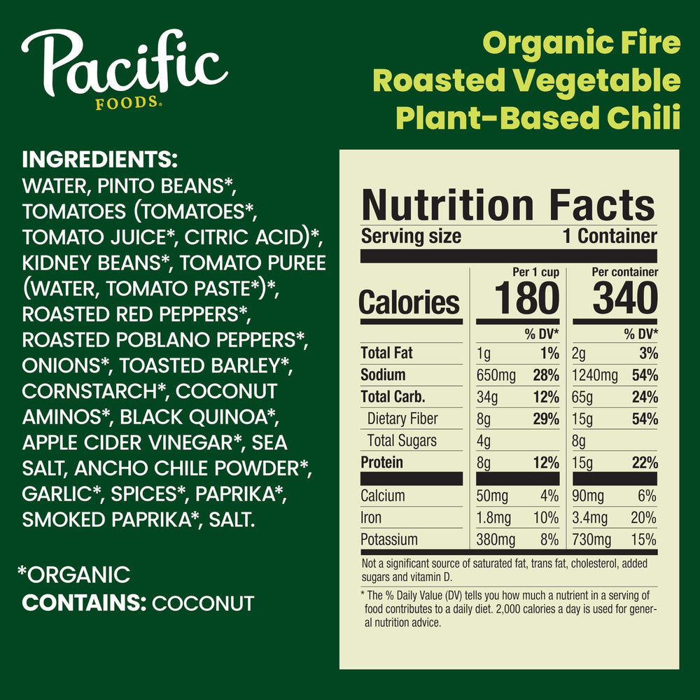 Pacific Foods organic chili ingredients with beans and quinoa highlight fiber and protein