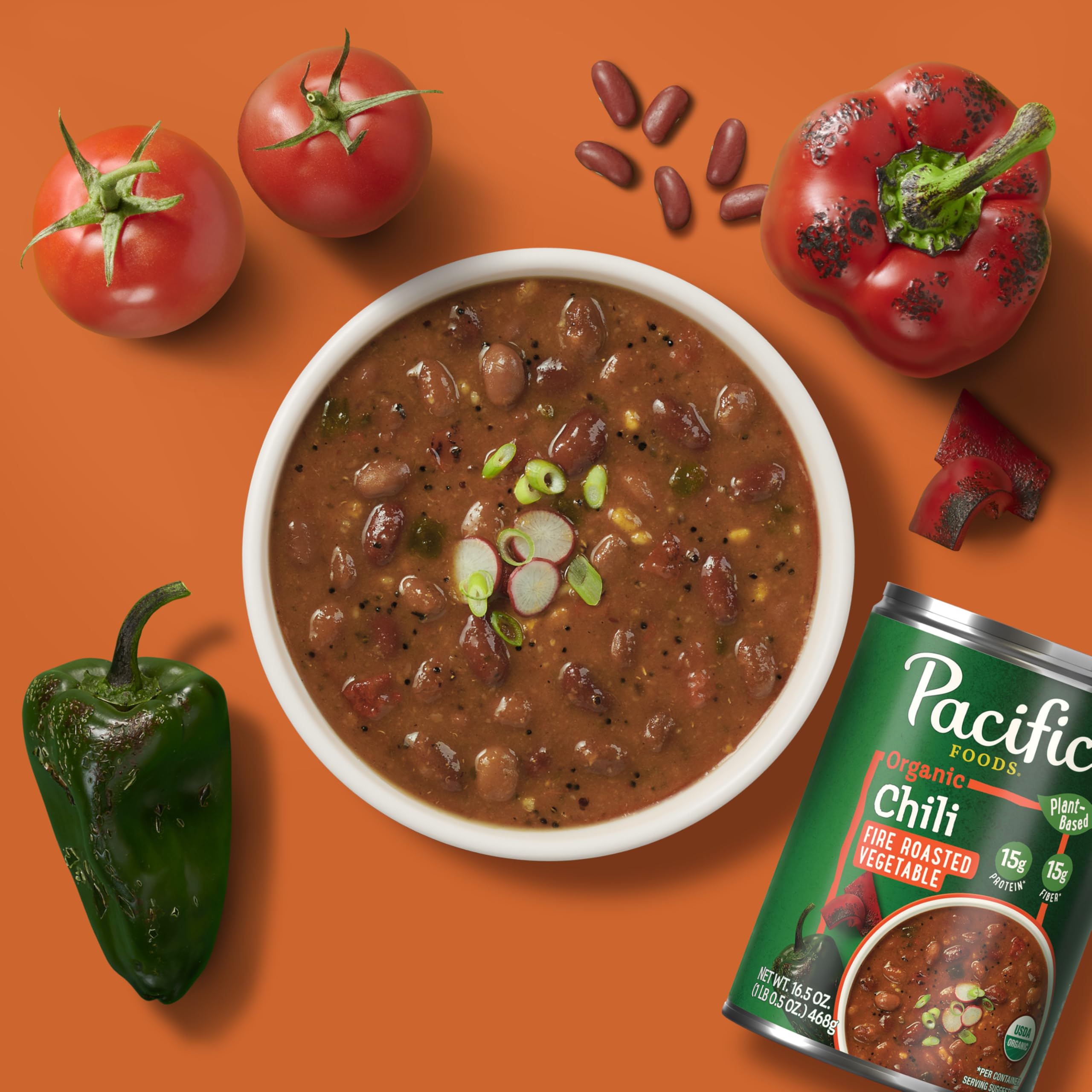 Pacific Foods Organic Fire Roasted Vegetable Chili can shows non-GMO clarity