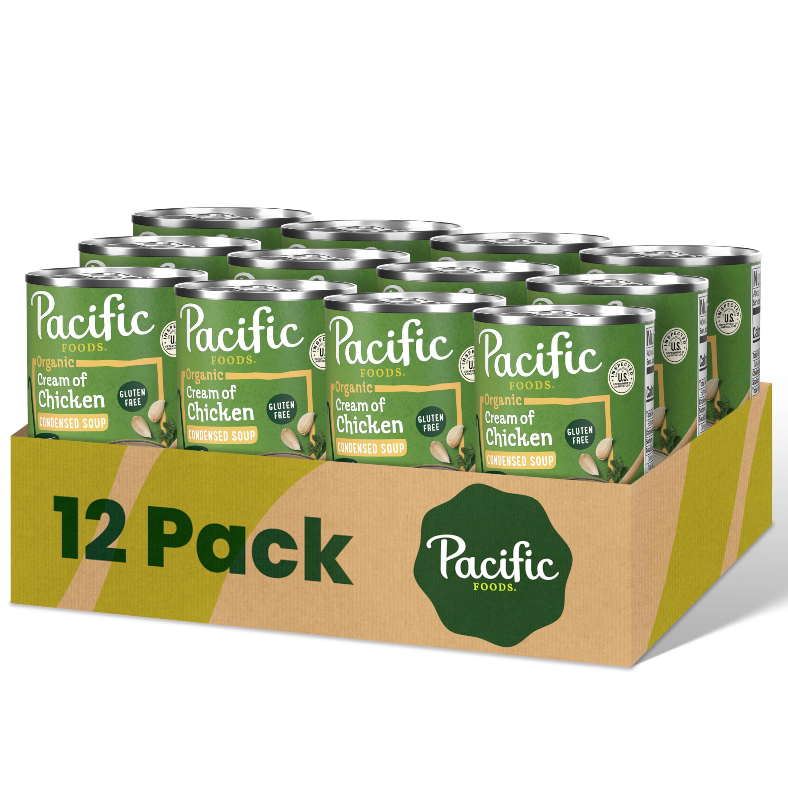 Pacific Foods Organic Cream of Chicken Soup can front view in a 12 pack for easy pantry stock