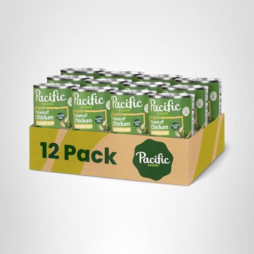 Shelf of Pacific Foods Organic Cream of Chicken Soup 12 pack on display
