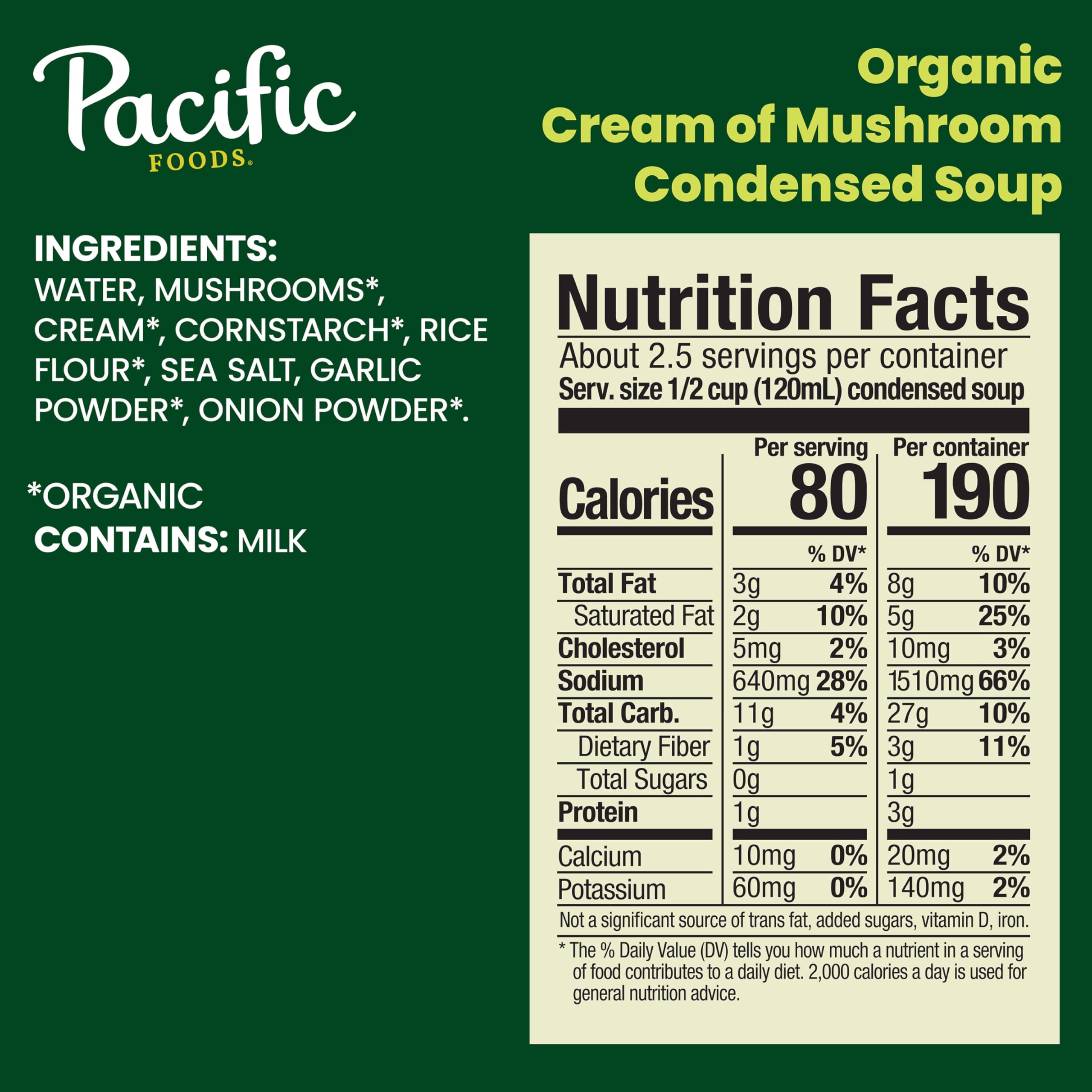 Pacific Foods Organic Cream of Mushroom Soup front label highlights organic, non-GMO ingredients
