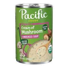 Pacific Foods Organic Cream of Mushroom Soup can showing rich, creamy texture for easy meals