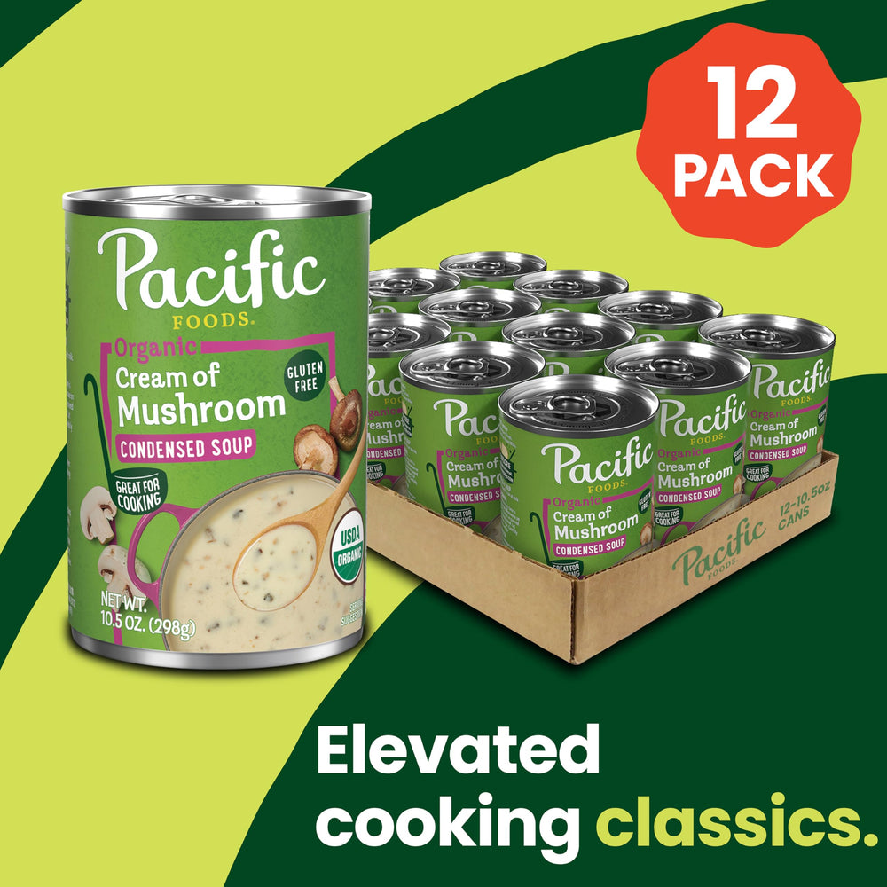 Pacific Foods Organic Cream of Mushroom Soup ingredients list shows non-GMO, vegetarian base