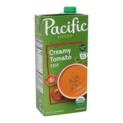 Pacific Foods Creamy Tomato Soup carton on shelf, ideal for a quick, comforting lunch.